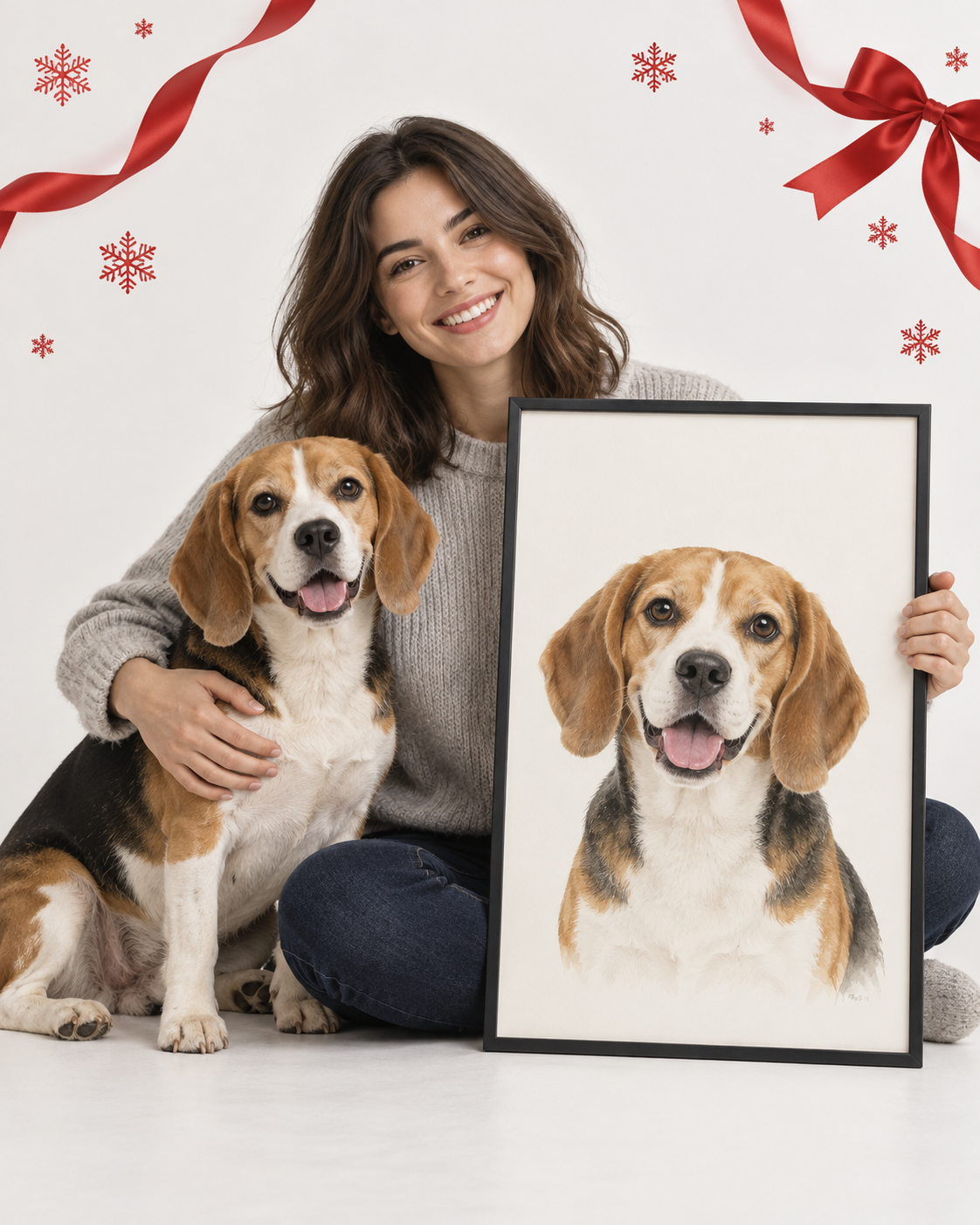 Original holiday illustration of a woman and her beagle with a framed pet portrait